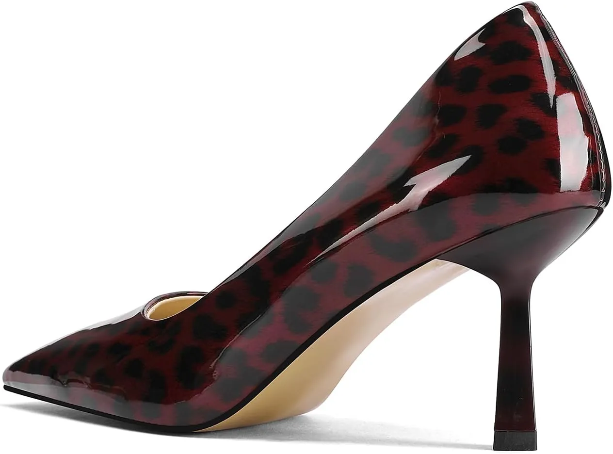 Square Toe Stiletto Heel Patent Leather Leopard Print Pumps for Women Slip On Comfortable Horseshoe Heels