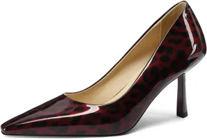 Square Toe Stiletto Heel Patent Leather Leopard Print Pumps for Women Slip On Comfortable Horseshoe Heels