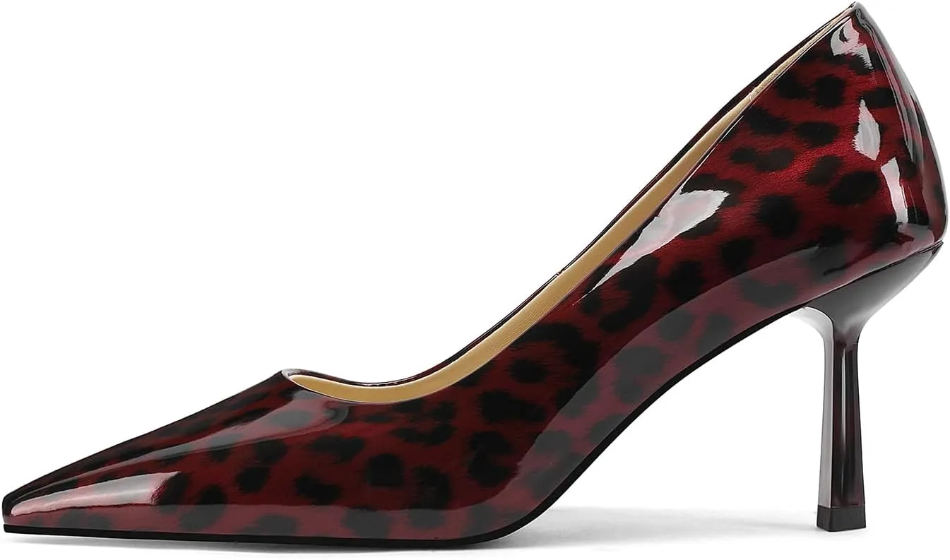 Square Toe Stiletto Heel Patent Leather Leopard Print Pumps for Women Slip On Comfortable Horseshoe Heels
