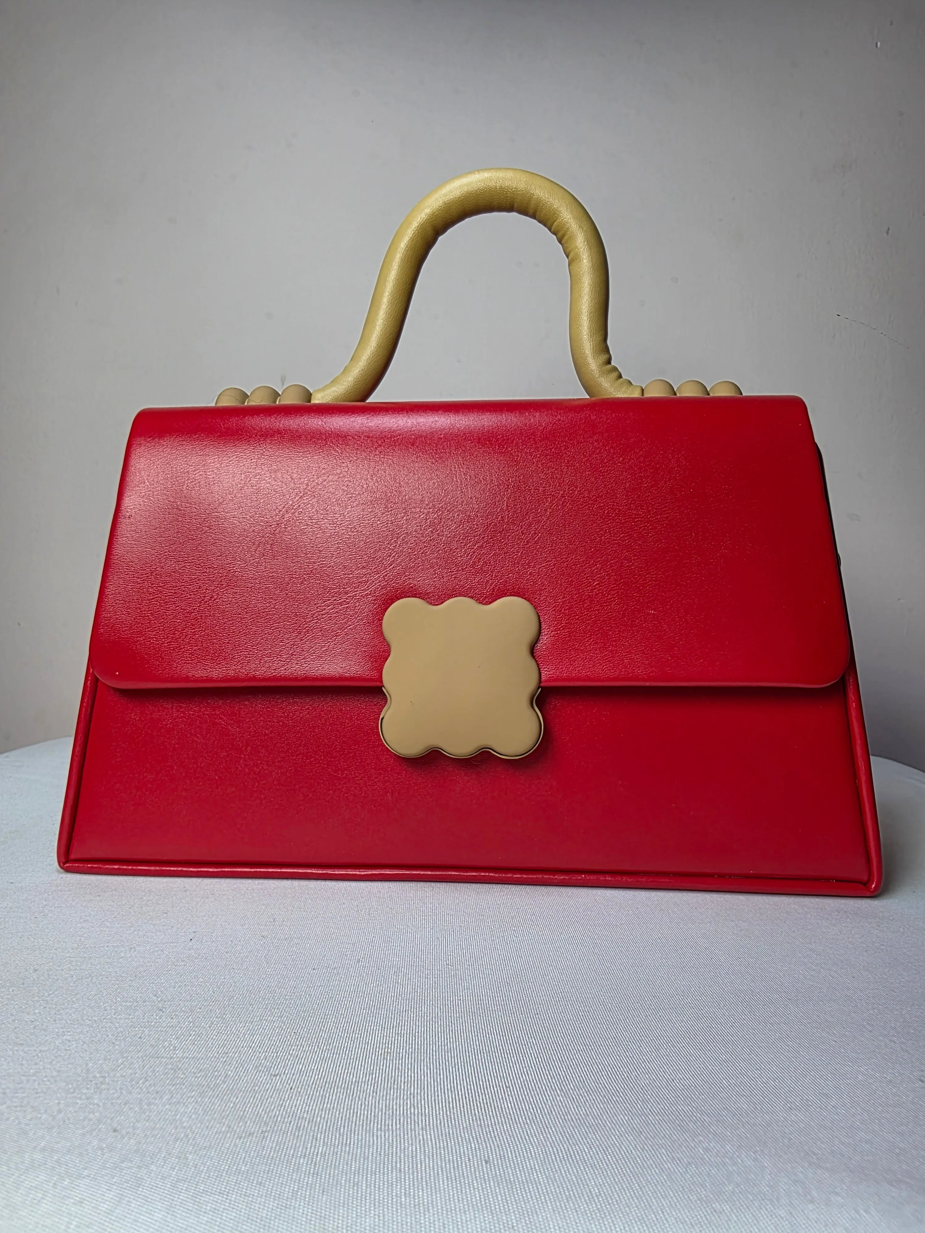 Statement Red Structured Handbag with Sculptural Handle
