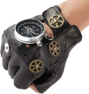 Steampunk Leather Gloves Mens Gothic Fingerless Mittens