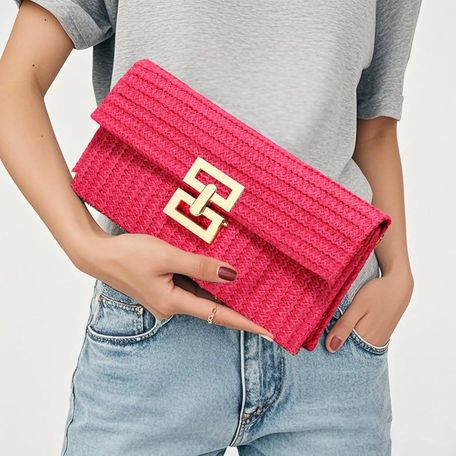 Straw Clutch Purse Crossbody Bag for Women Designer Evening Handbag Casual Summer Beach Straw Shoulder Bag