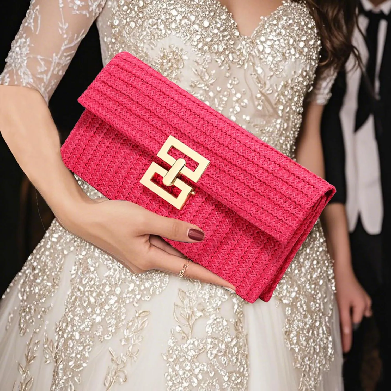 Straw Clutch Purse Crossbody Bag for Women Designer Evening Handbag Casual Summer Beach Straw Shoulder Bag