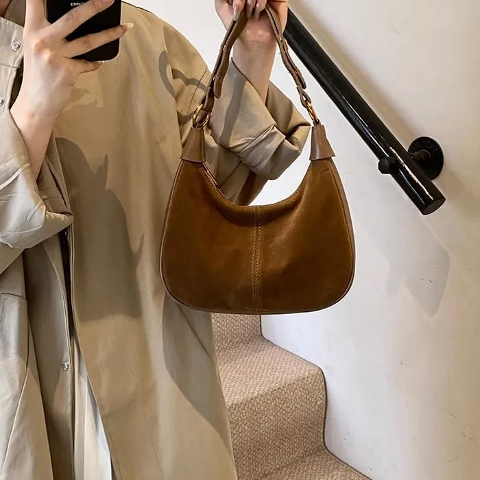 Suede Bags for Women Brown Suede Purse Suede Shoulder Bag Fall Purses Handbag Crescent Half Moon Bag Hobo Handbag (Brown)