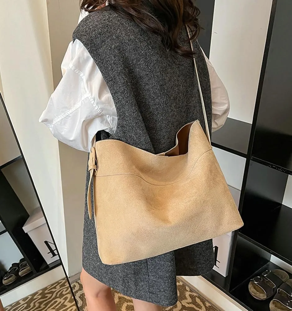 Suede Bucket Bags for Women Slouchy Tote Bags for Women Shoulder Bag with Pouch Crossbody Purse Satchel Bag Carryall