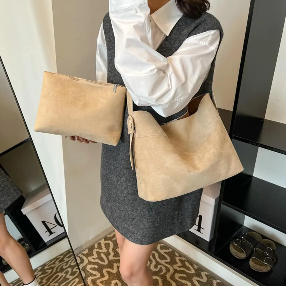 Suede Bucket Bags for Women Slouchy Tote Bags for Women Shoulder Bag with Pouch Crossbody Purse Satchel Bag Carryall