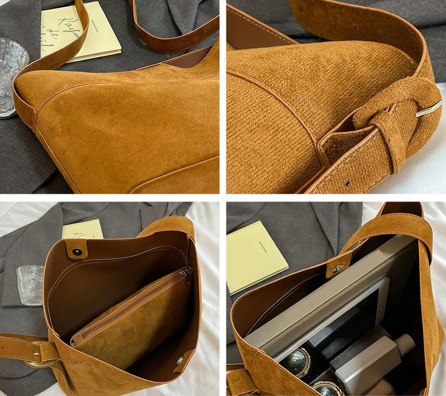 Suede Bucket Bags for Women Slouchy Tote Bags for Women Shoulder Bag with Pouch Crossbody Purse Satchel Bag Carryall