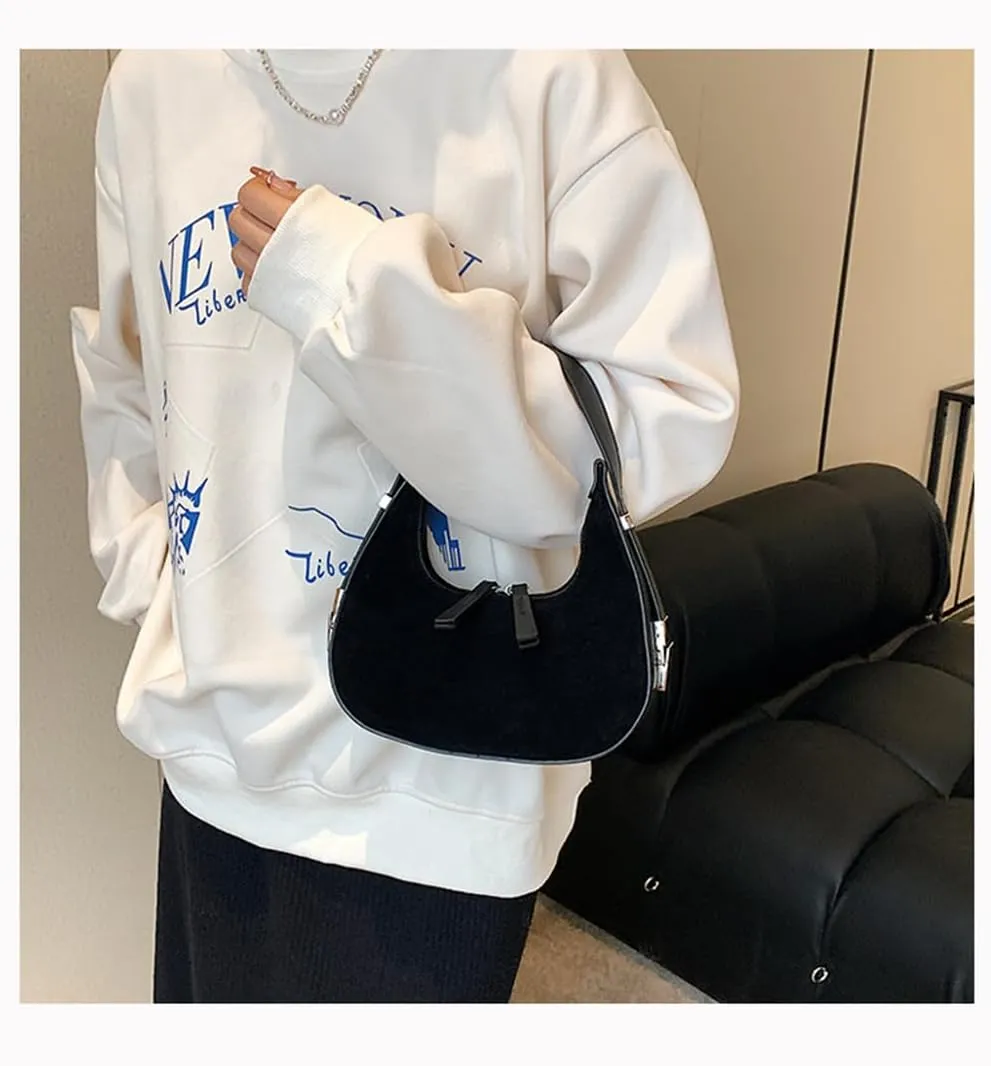 Suede Crescent Tote Bag for Women Retro Suede Hobo Shoulder Handbag and Purse Half Moon Suede Clutch Bag Daily Purse