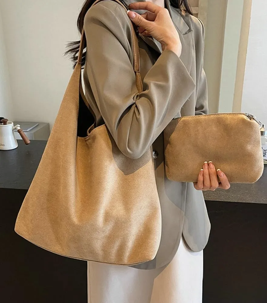 Suede Slouchy Women's Tote Shoulder Satchel Large Brown Office Travel Underarm Bag