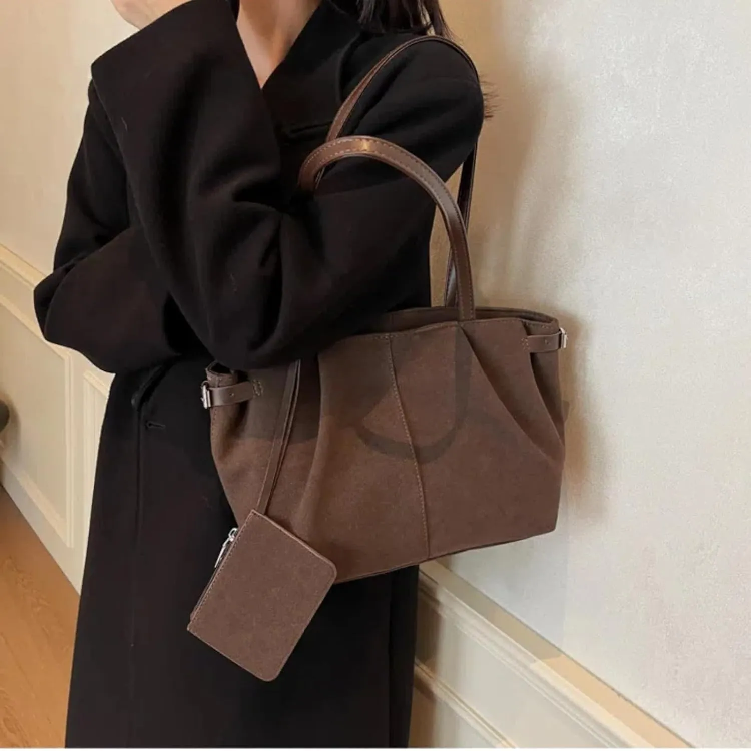 Suede Tote Bag for Women, Womens Purse Slouchy Hobo Handbag Brown Retro Top Handle Bag, Fashion Shoulder Satchel Work Bags