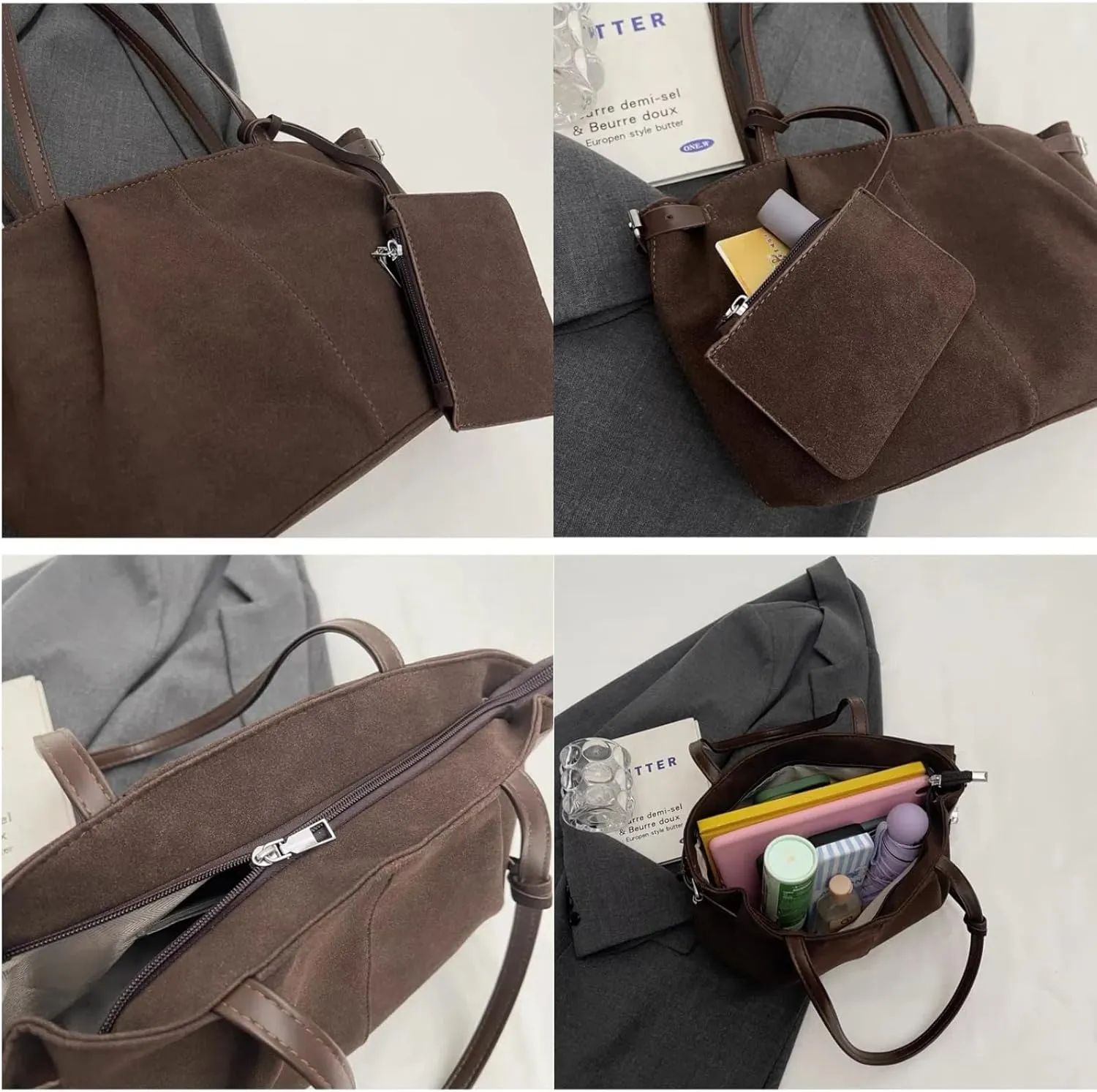 Suede Tote Bag for Women, Womens Purse Slouchy Hobo Handbag Brown Retro Top Handle Bag, Fashion Shoulder Satchel Work Bags