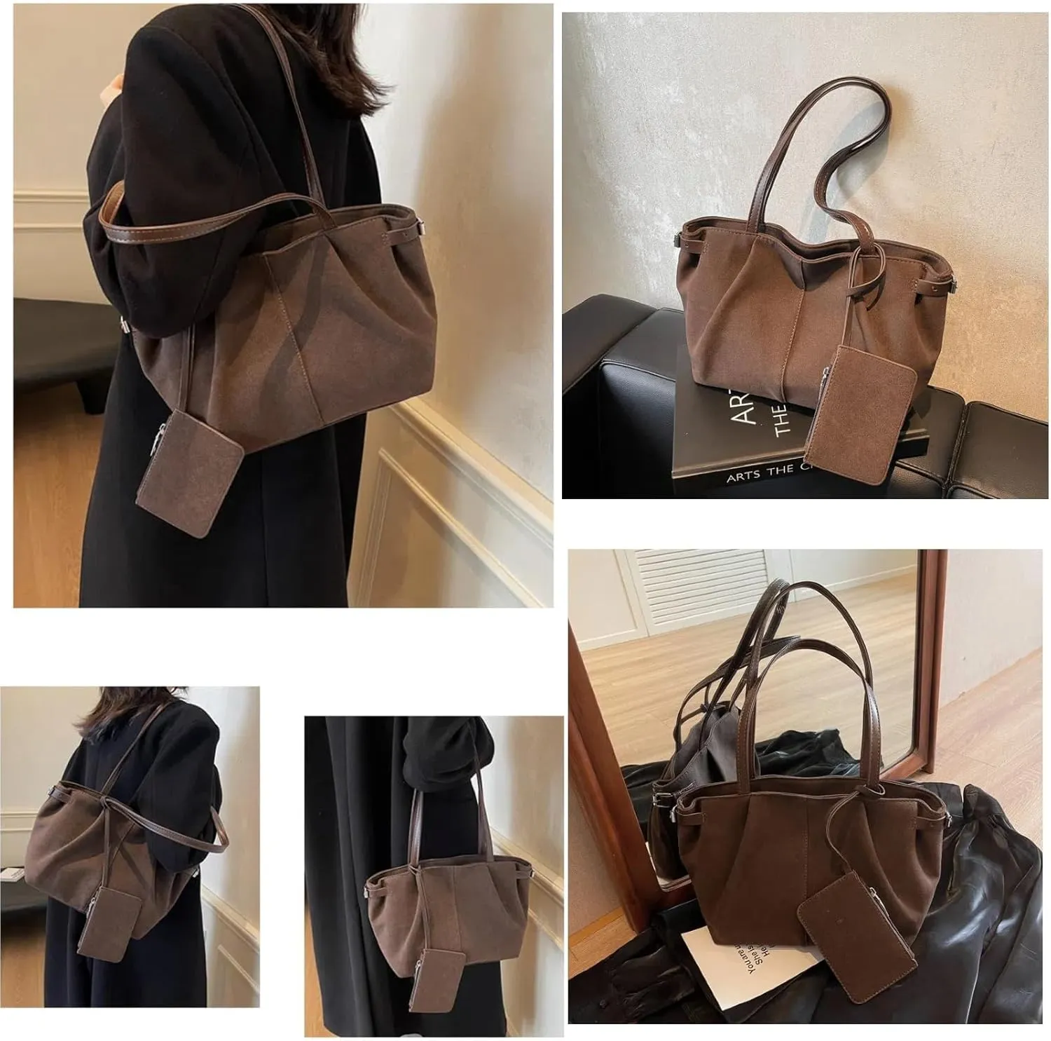 Suede Tote Bag for Women, Womens Purse Slouchy Hobo Handbag Brown Retro Top Handle Bag, Fashion Shoulder Satchel Work Bags