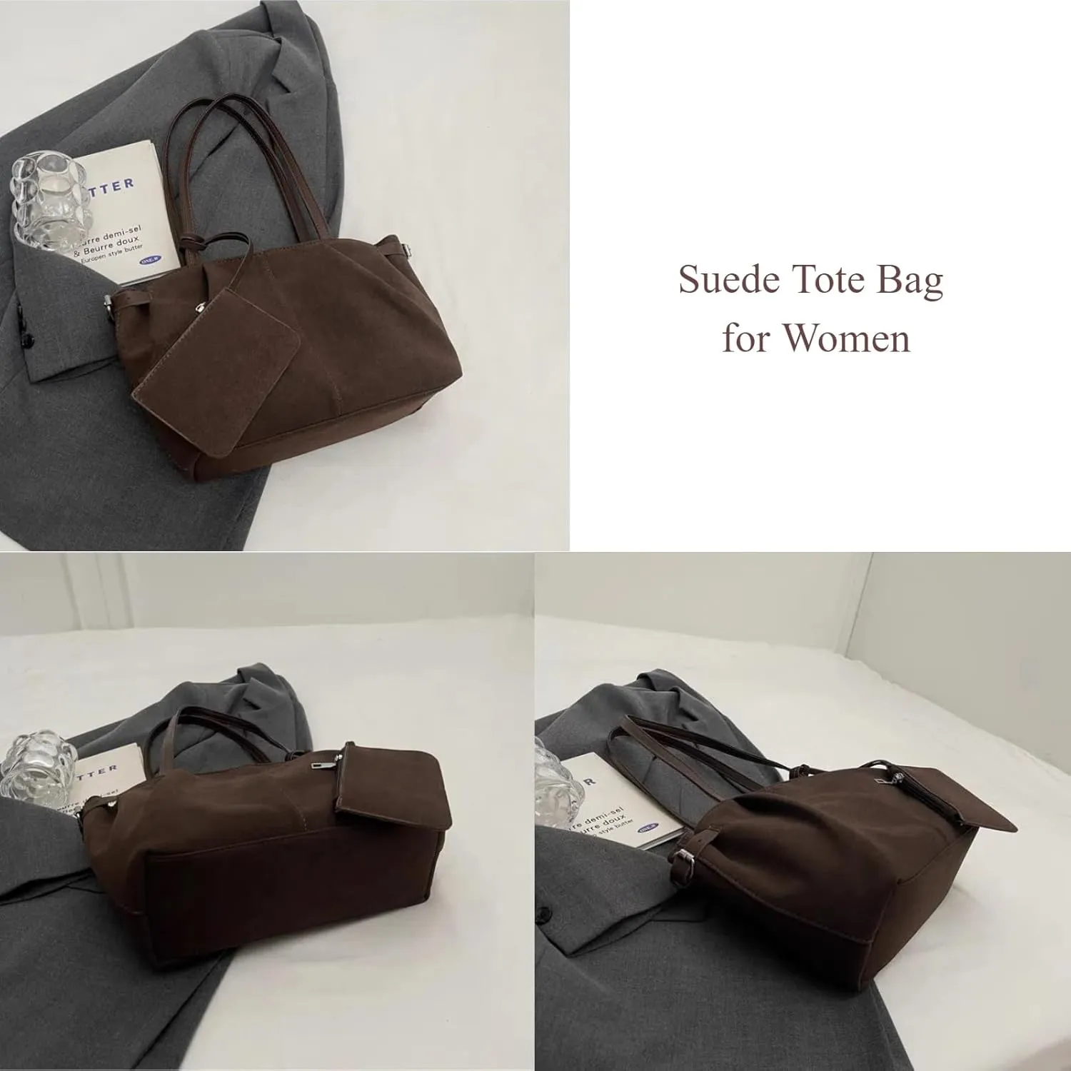 Suede Tote Bag for Women, Womens Purse Slouchy Hobo Handbag Brown Retro Top Handle Bag, Fashion Shoulder Satchel Work Bags
