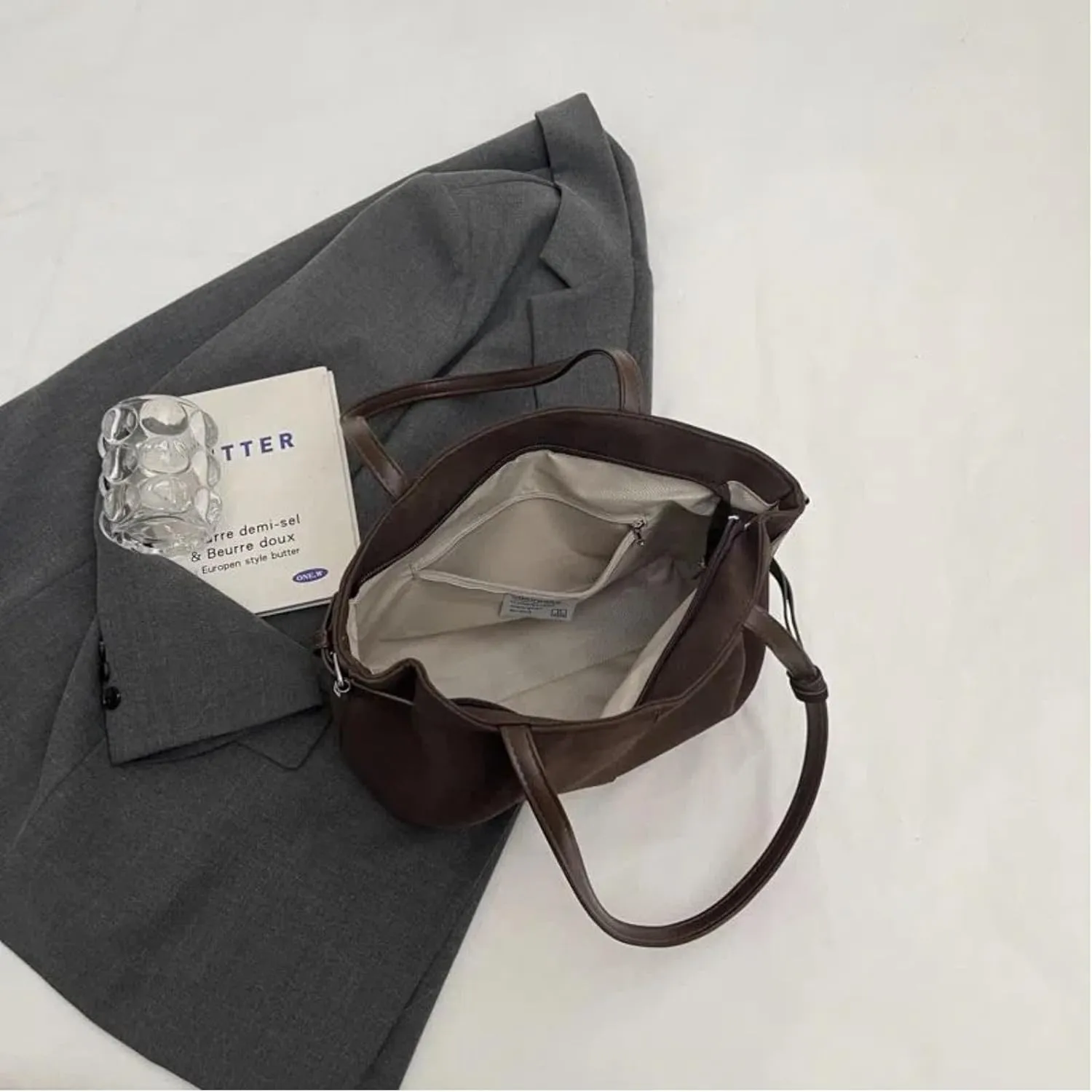 Suede Tote Bag for Women, Womens Purse Slouchy Hobo Handbag Brown Retro Top Handle Bag, Fashion Shoulder Satchel Work Bags
