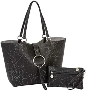 Sydney Love Reversible Tote Bag with Wristlet, Distressed Vegan Leather, Ring Detail, 2-Piece Set, Black/Gray