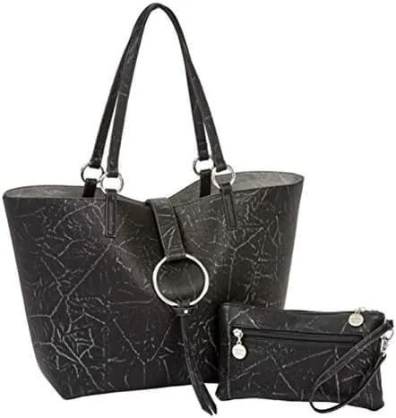 Sydney Love Reversible Tote Bag with Wristlet, Distressed Vegan Leather, Ring Detail, 2-Piece Set, Black/Gray