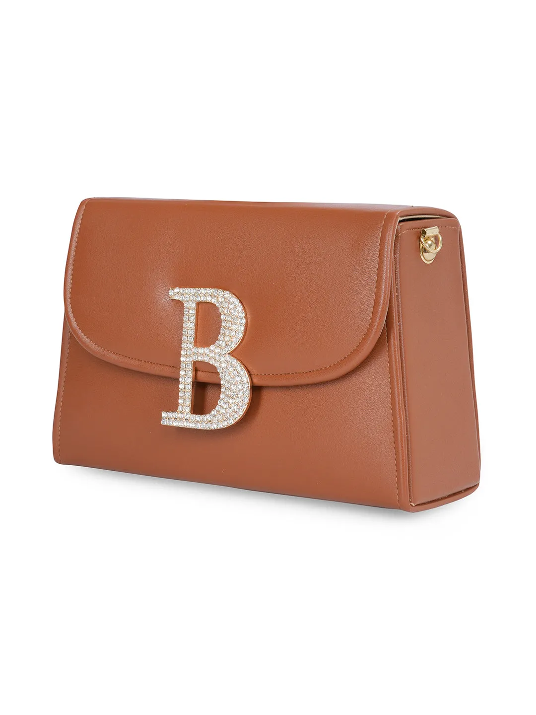 Tan B Alphabhet Intial Embellised Flap Bag