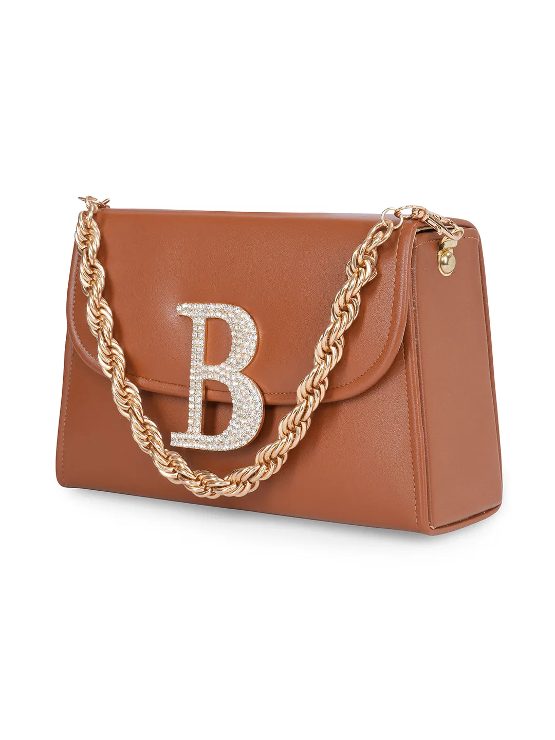 Tan B Alphabhet Intial Embellised Flap Bag