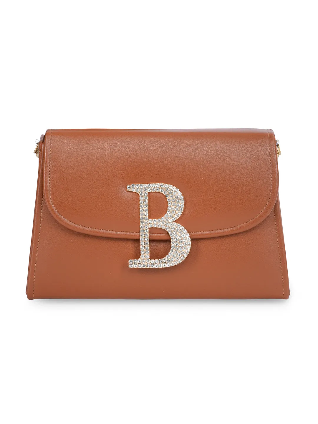 Tan B Alphabhet Intial Embellised Flap Bag