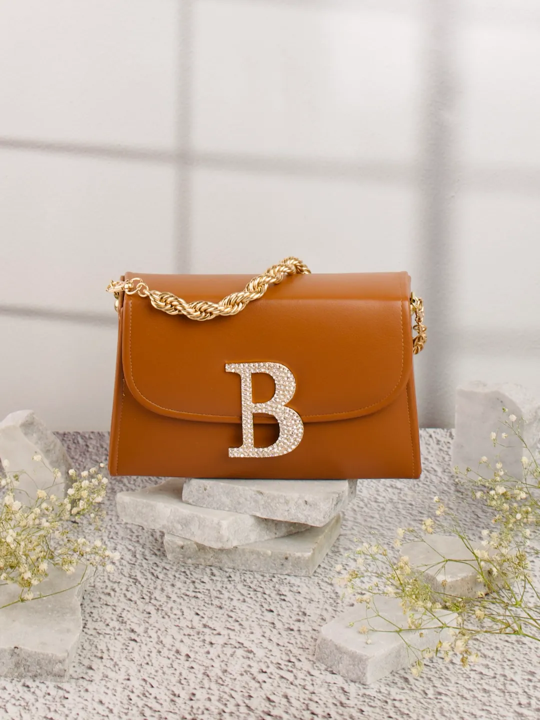 Tan B Alphabhet Intial Embellised Flap Bag
