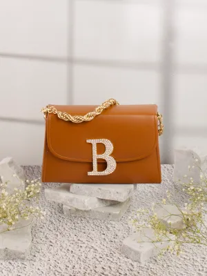 Tan B Alphabhet Intial Embellised Flap Bag