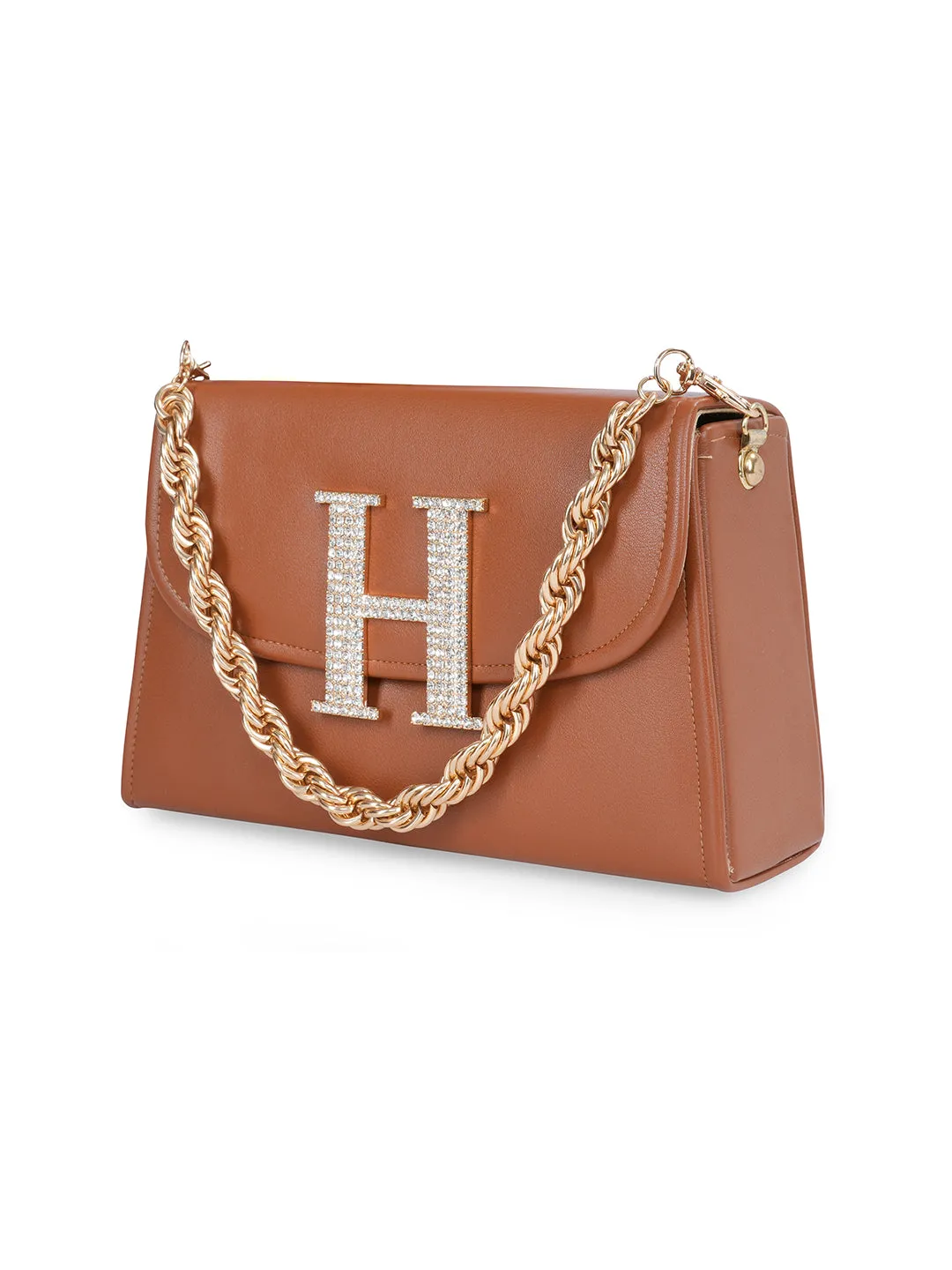 Tan H Alphabhet Intial Embellised Flap Bag