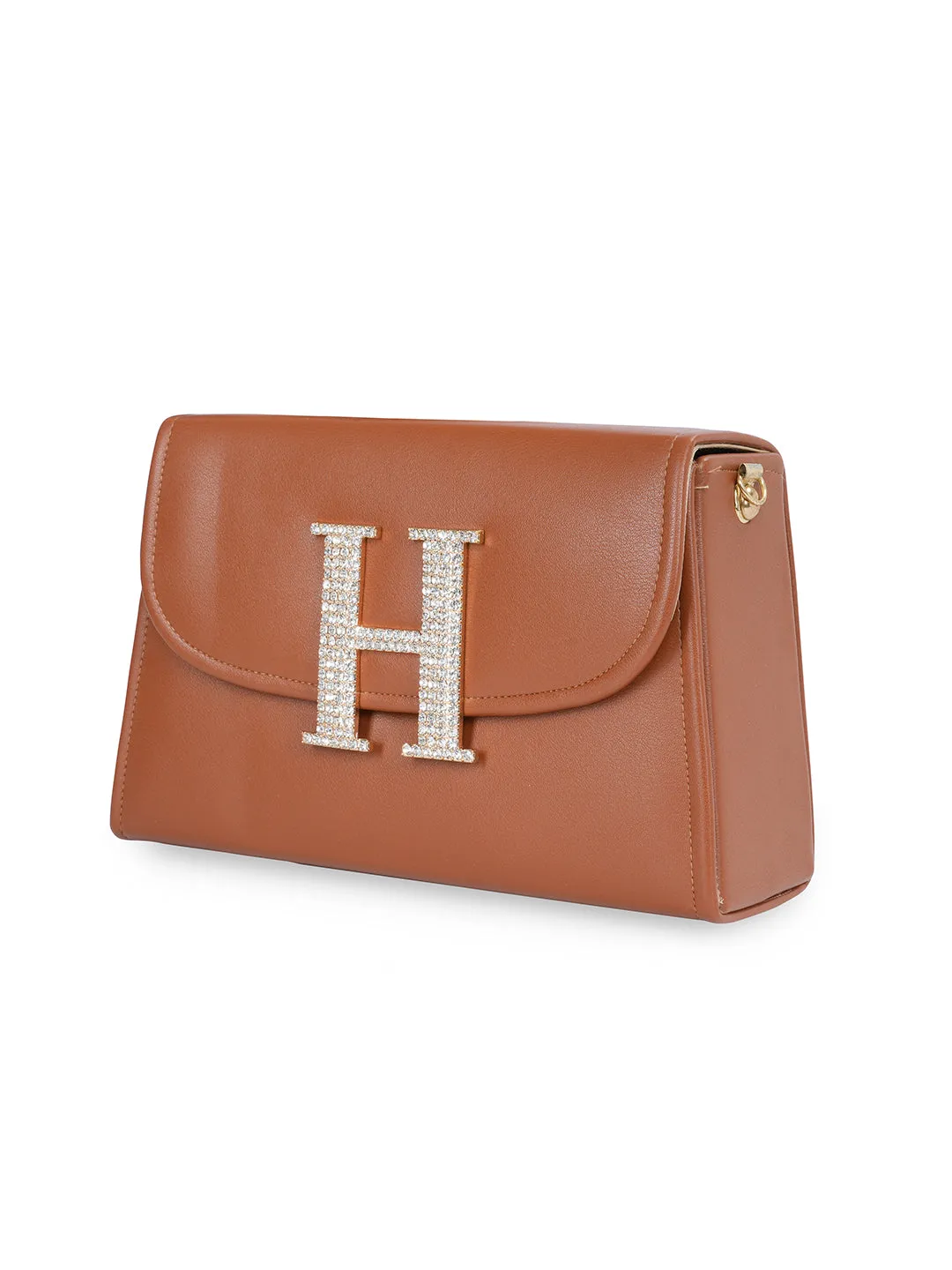 Tan H Alphabhet Intial Embellised Flap Bag