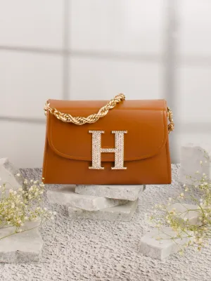 Tan H Alphabhet Intial Embellised Flap Bag