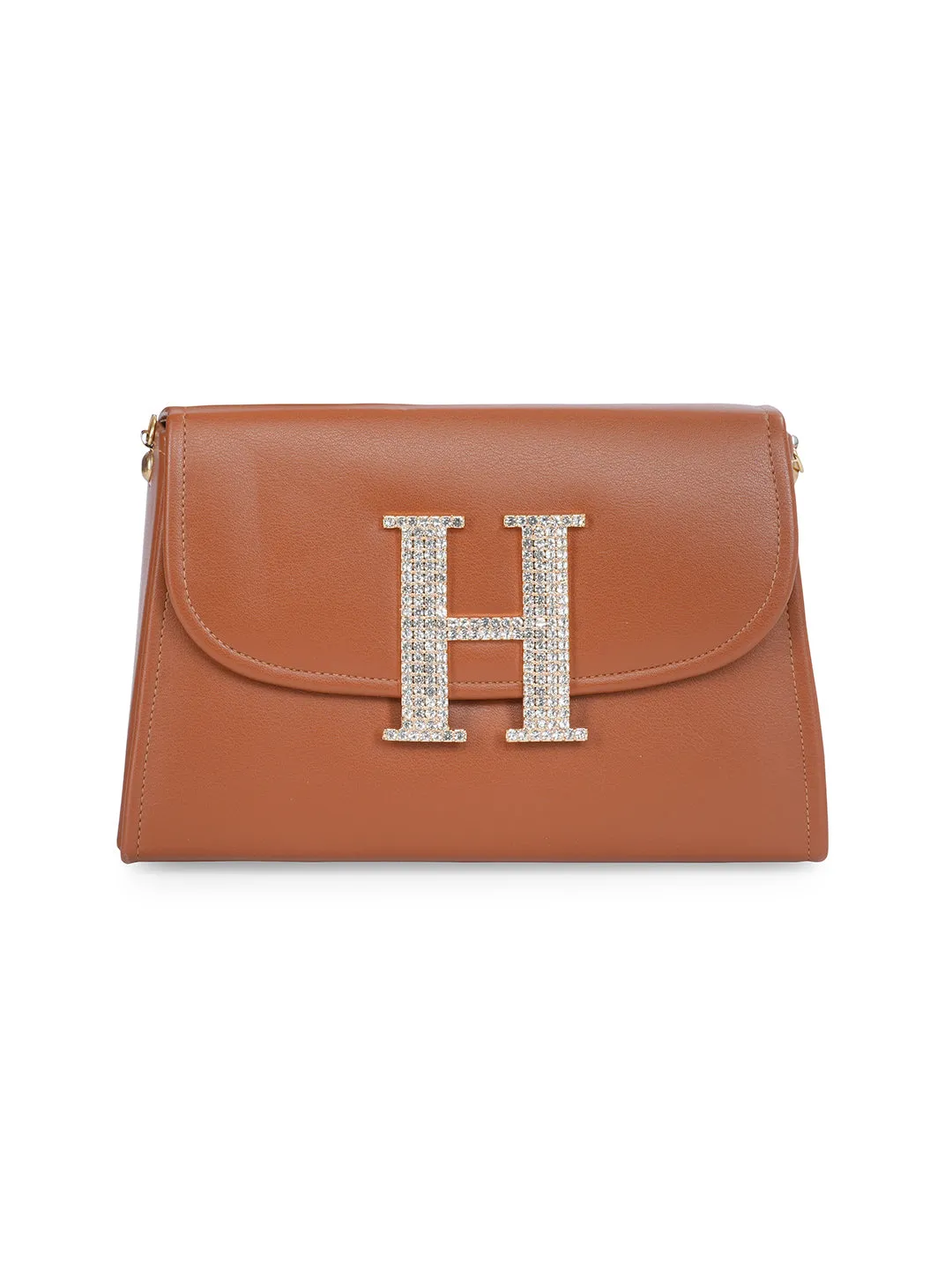 Tan H Alphabhet Intial Embellised Flap Bag