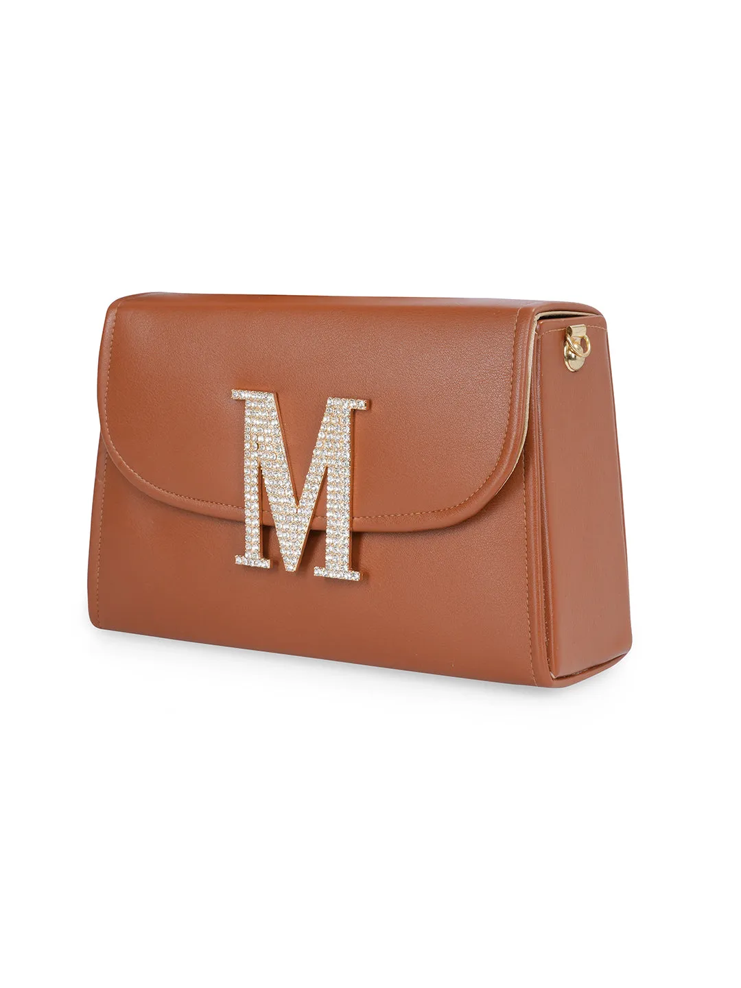 Tan M Alphabhet Intial Embellised Flap Bag
