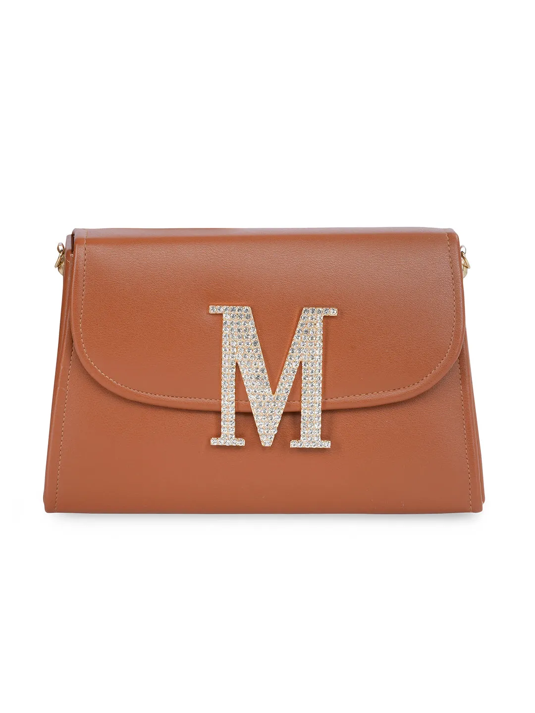 Tan M Alphabhet Intial Embellised Flap Bag