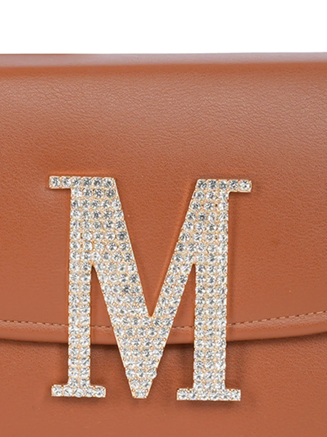Tan M Alphabhet Intial Embellised Flap Bag
