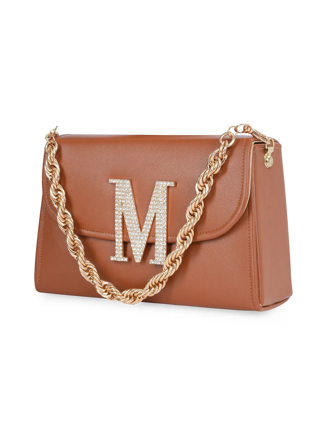 Tan M Alphabhet Intial Embellised Flap Bag