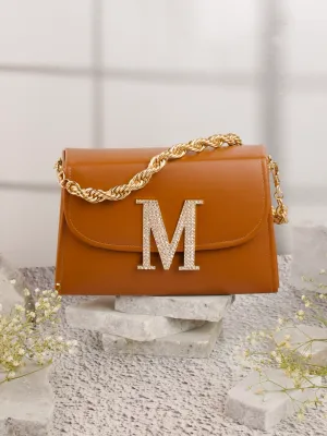 Tan M Alphabhet Intial Embellised Flap Bag