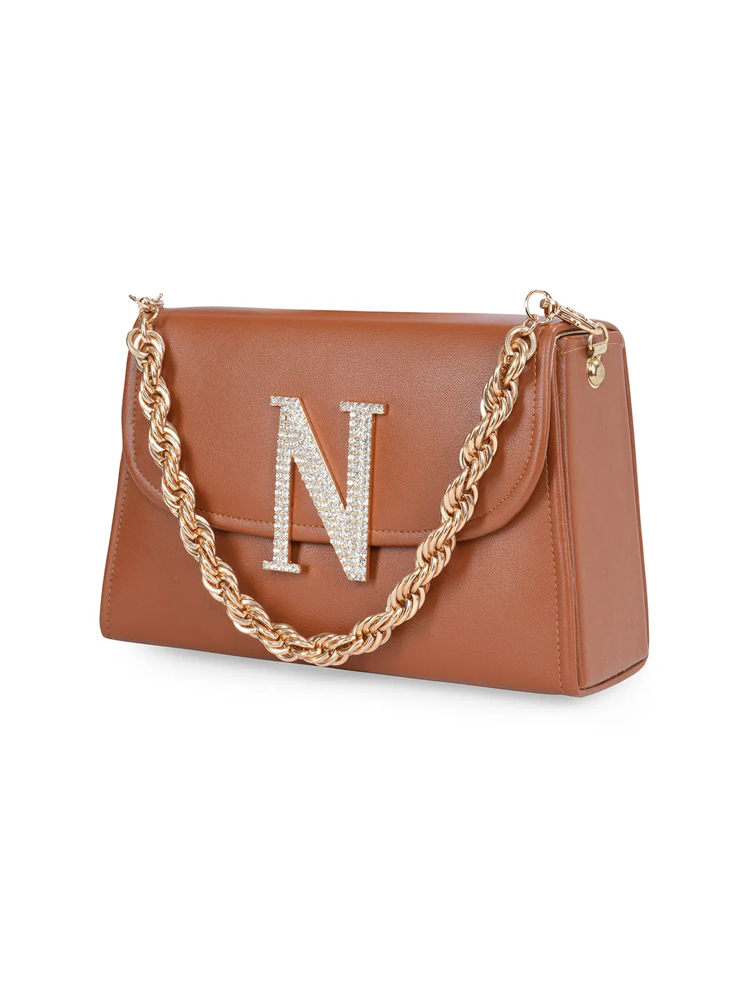 Tan N Alphabhet Intial Embellised Flap Bag