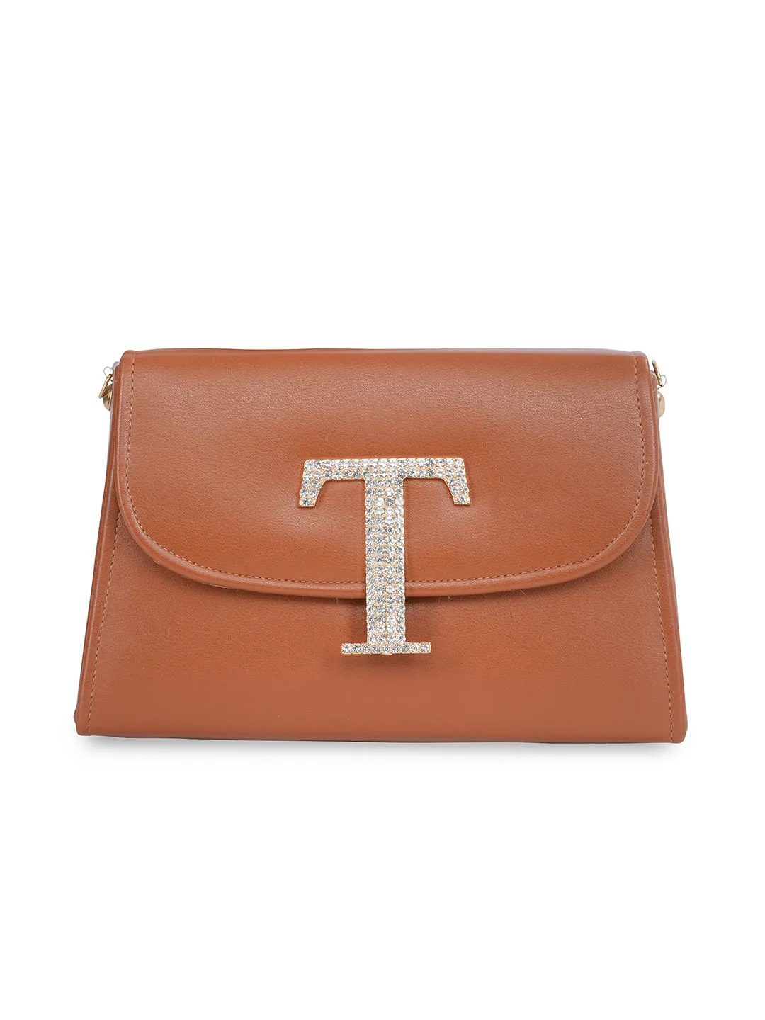 Tan T Alphabhet Intial Embellised Flap Bag