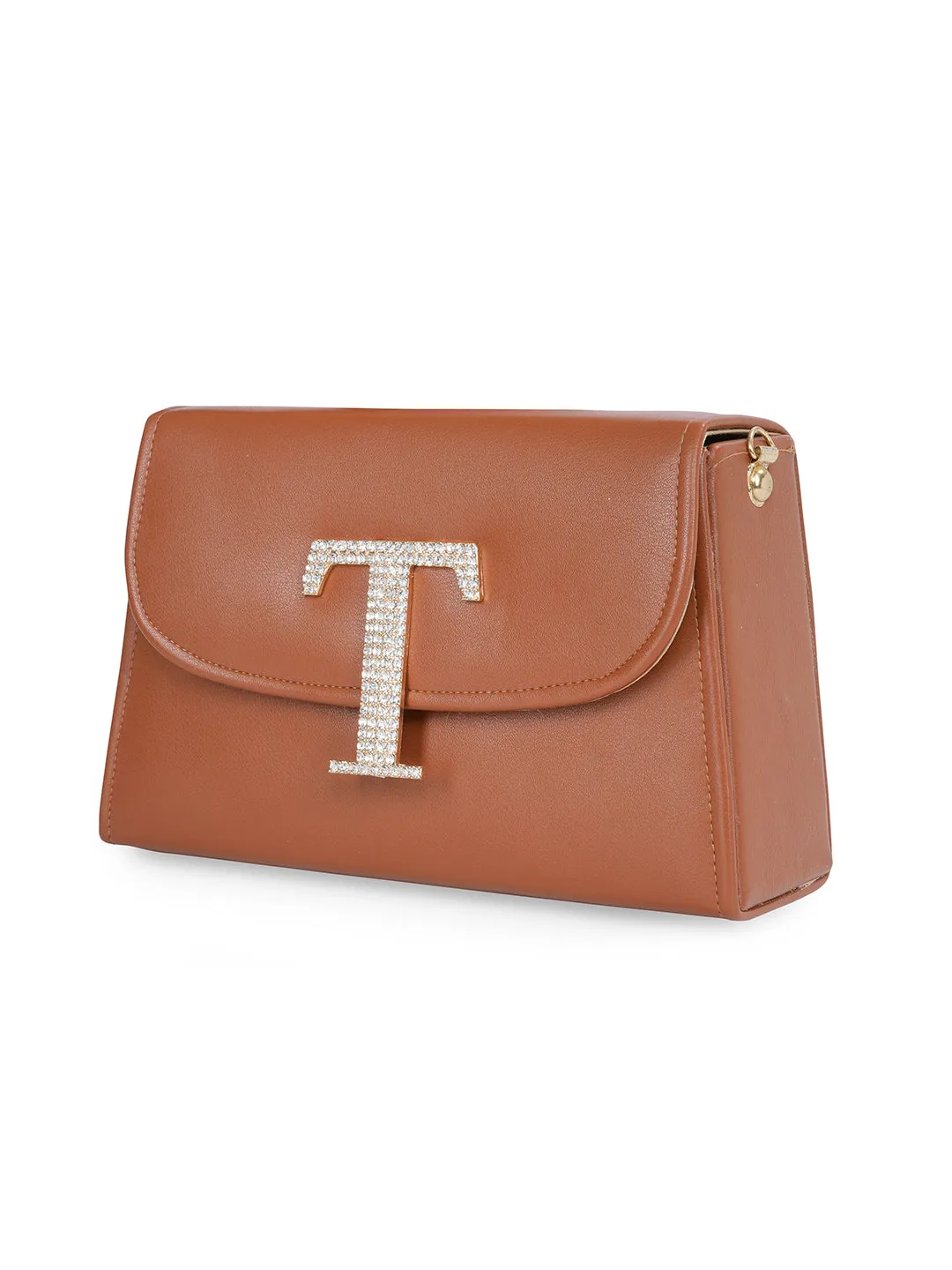 Tan T Alphabhet Intial Embellised Flap Bag