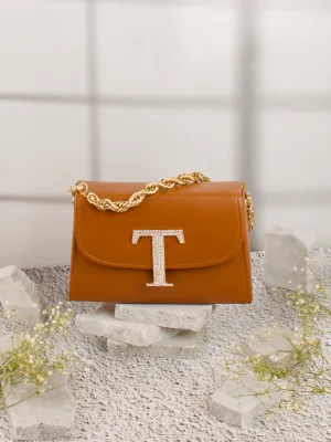 Tan T Alphabhet Intial Embellised Flap Bag