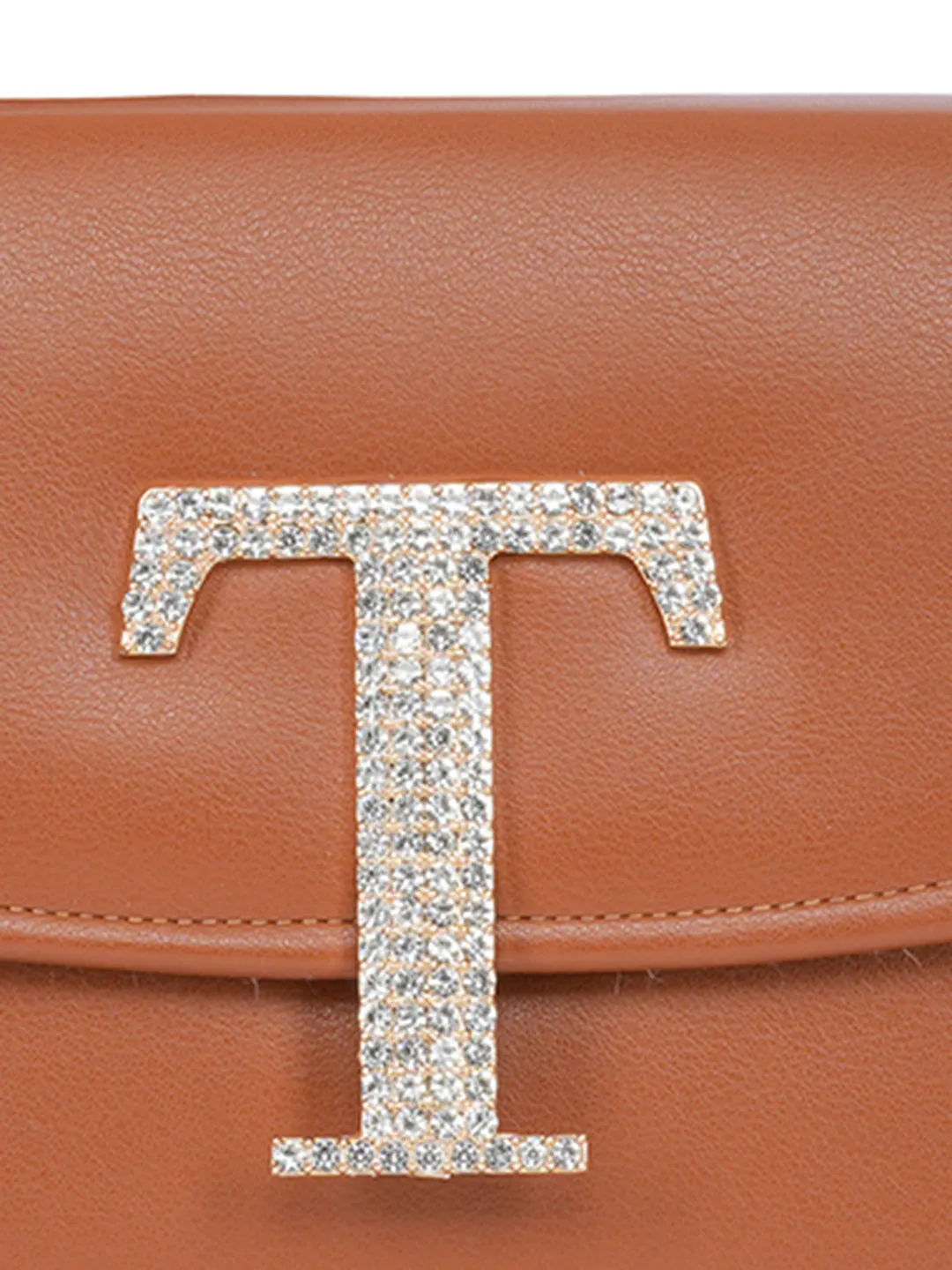 Tan T Alphabhet Intial Embellised Flap Bag