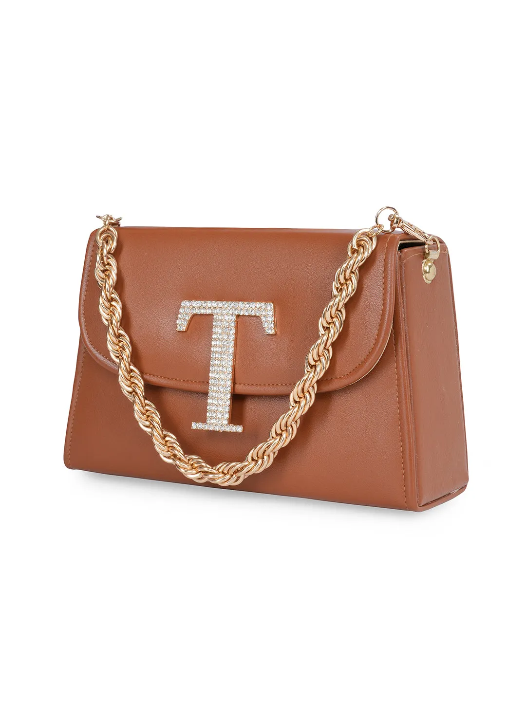 Tan T Alphabhet Intial Embellised Flap Bag