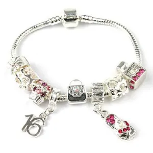 Teenager's 'Handbags & Gladrags' Age 13/16/18 Silver Plated Charm Bead Bracelet