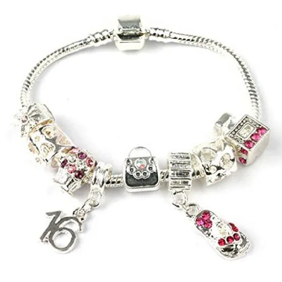 Teenager's 'Handbags & Gladrags' Age 13/16/18 Silver Plated Charm Bead Bracelet