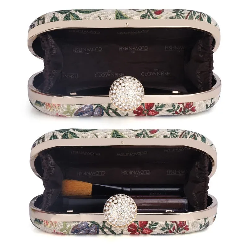THE CLOWNFISH Soniva Collection Tapestry Fabric Womens Party Clutch Ladies Wallet Evening Bag with Fashionable Round Corners (Flax)