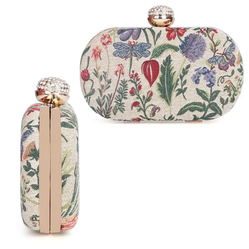THE CLOWNFISH Soniva Collection Tapestry Fabric Womens Party Clutch Ladies Wallet Evening Bag with Fashionable Round Corners (Flax)