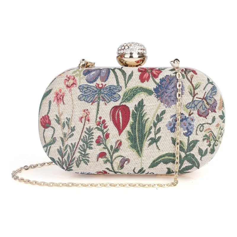 THE CLOWNFISH Soniva Collection Tapestry Fabric Womens Party Clutch Ladies Wallet Evening Bag with Fashionable Round Corners (Flax)
