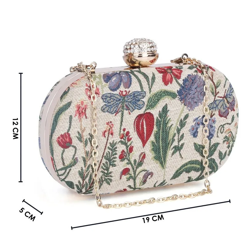 THE CLOWNFISH Soniva Collection Tapestry Fabric Womens Party Clutch Ladies Wallet Evening Bag with Fashionable Round Corners (Flax)