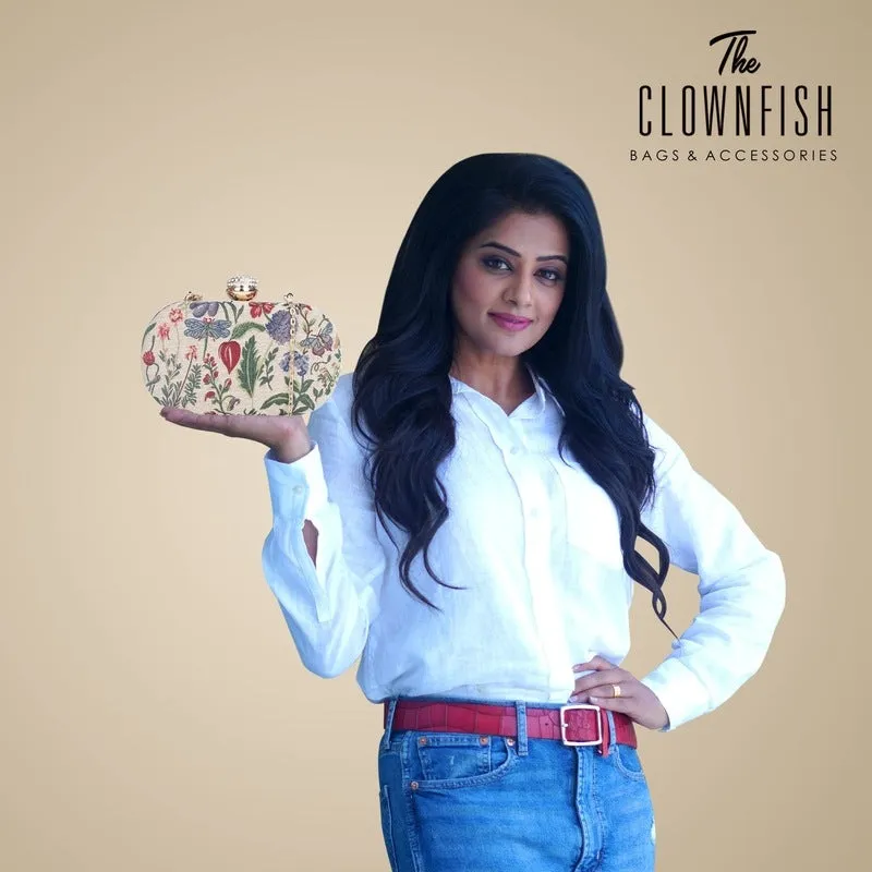 THE CLOWNFISH Soniva Collection Tapestry Fabric Womens Party Clutch Ladies Wallet Evening Bag with Fashionable Round Corners (Flax)