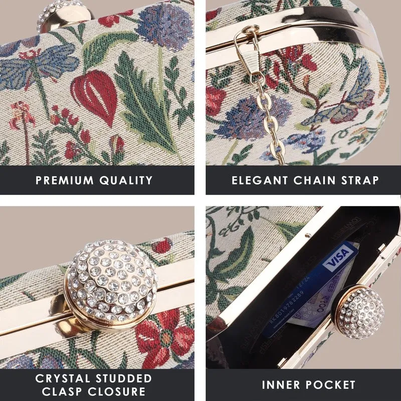 THE CLOWNFISH Soniva Collection Tapestry Fabric Womens Party Clutch Ladies Wallet Evening Bag with Fashionable Round Corners (Flax)