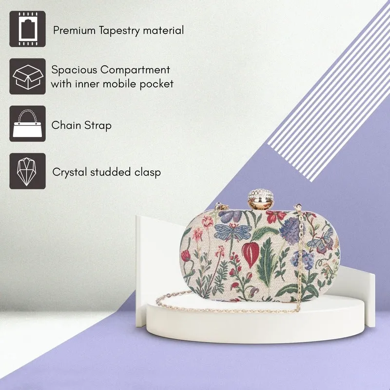 THE CLOWNFISH Soniva Collection Tapestry Fabric Womens Party Clutch Ladies Wallet Evening Bag with Fashionable Round Corners (Flax)