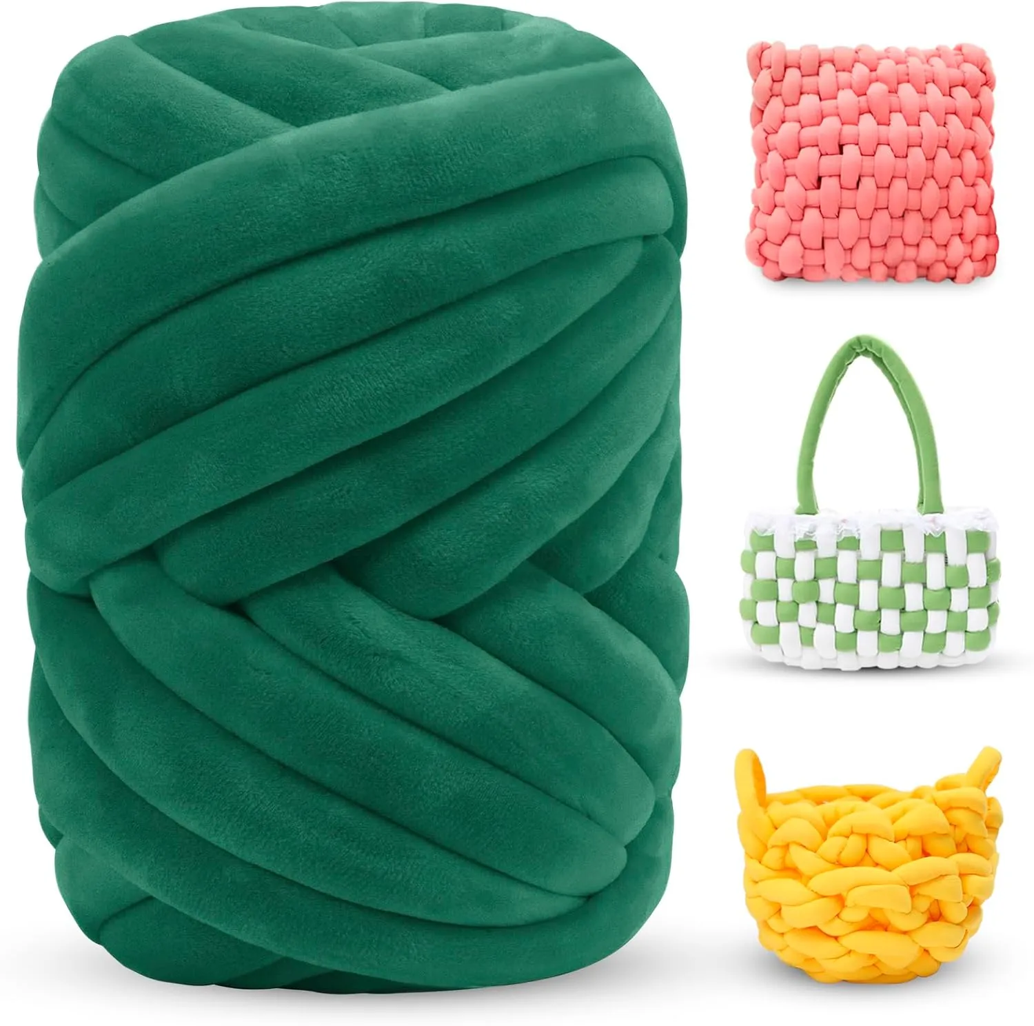 Thick Chunky Yarn for Arm Knitting Jumbo Tube Yarn Soft Chunky Knit Blanket Yarn, Velvet Yarn for Crocheting Handbags Hand Knitting Pet Bed Rugs Pillows Crafts (Pine Green, 1.1lbs)